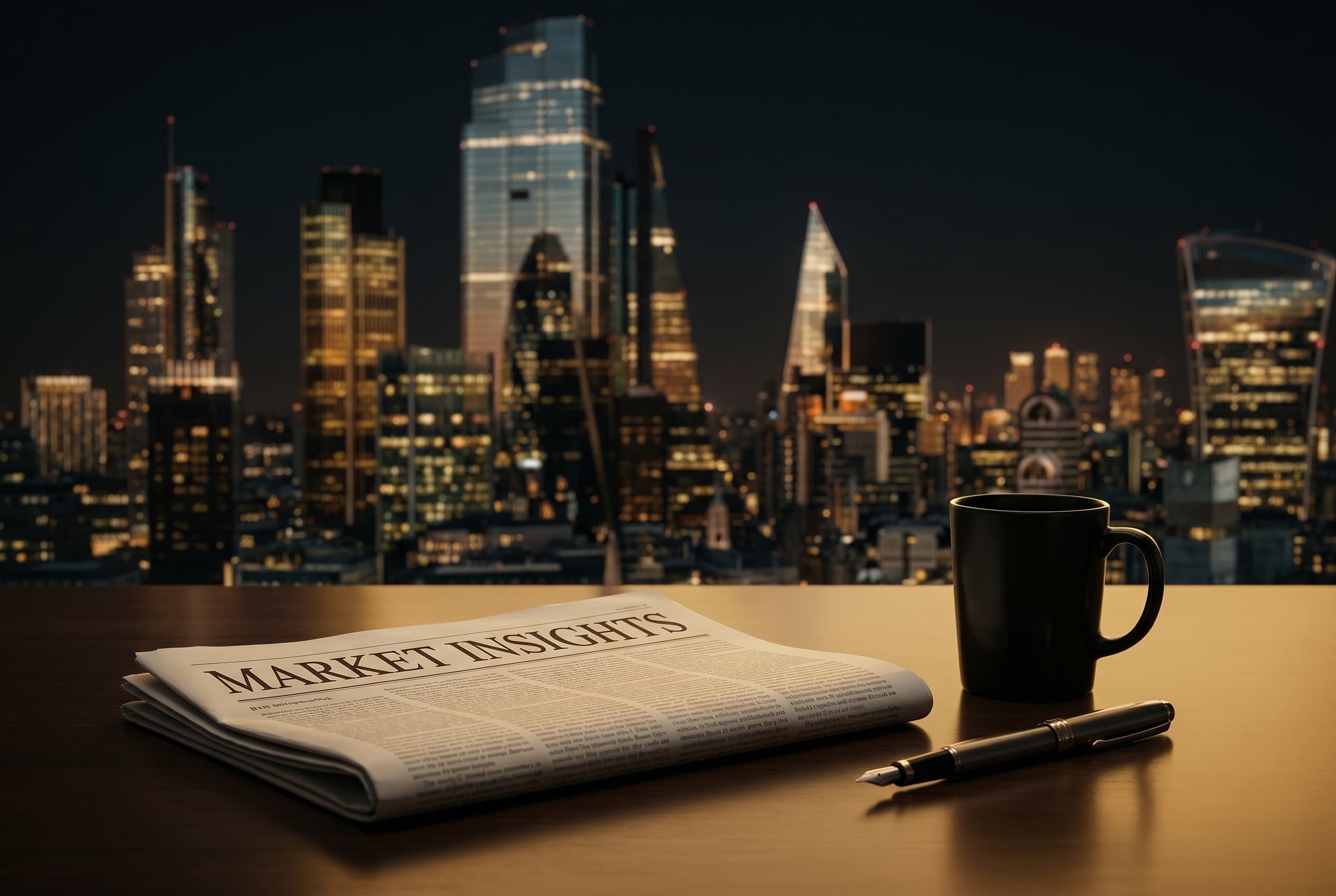 Financial newspaper headlined Market Insights resting on a desk with a gold-lit city skyline at night